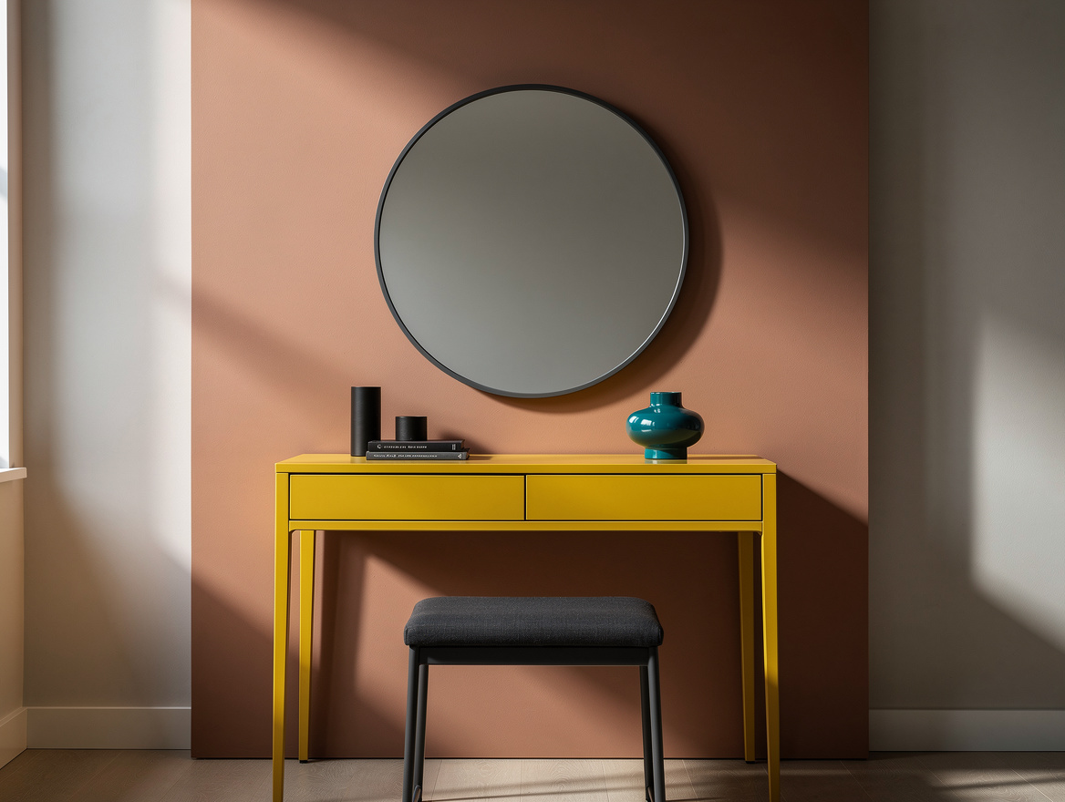 Realistic close-up photo of a compact dressing table centered inside a floor-to-