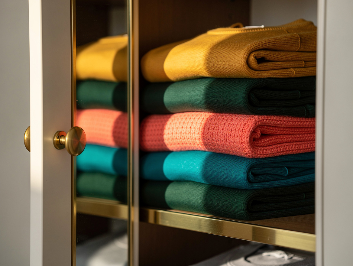 Realistic close-up photo of folded knitwear and cotton T-shirts arranged on shal