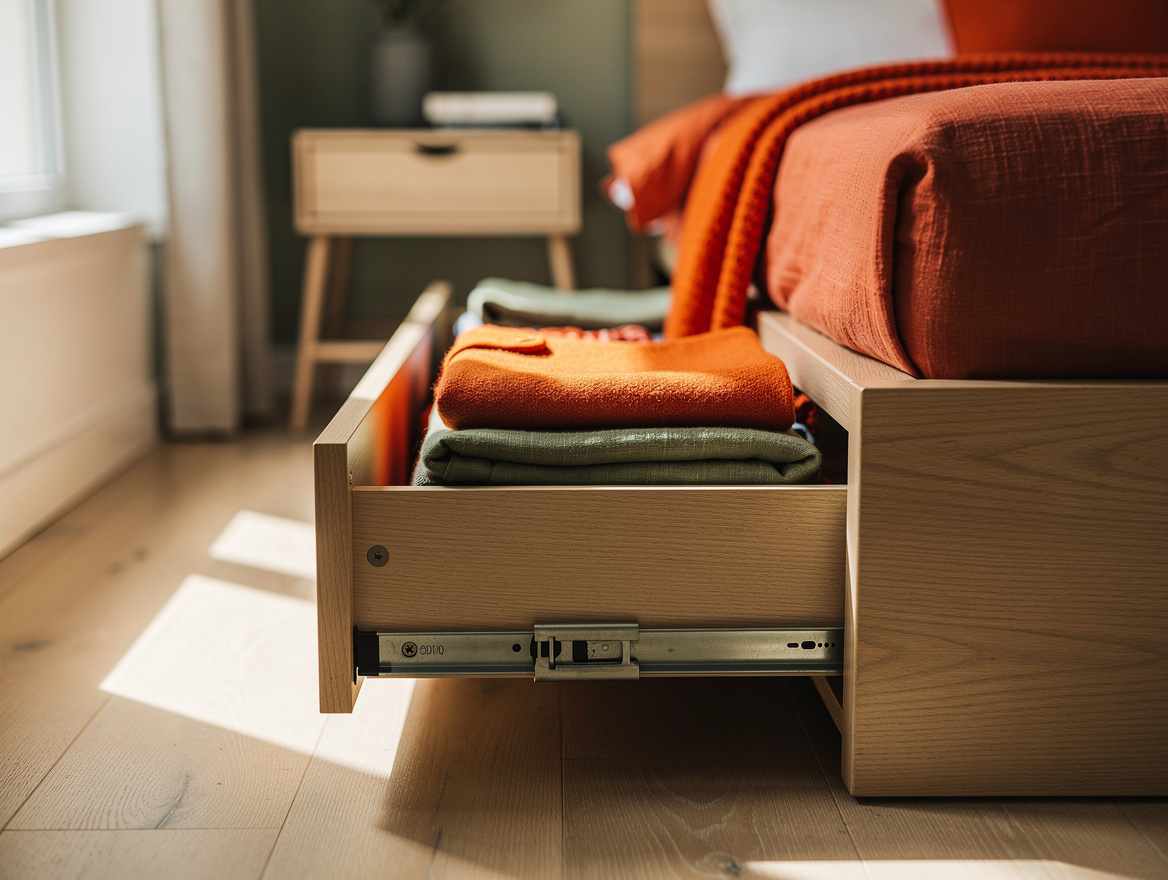 Realistic close-up editorial photo of a platform bed drawer opening beside a nar