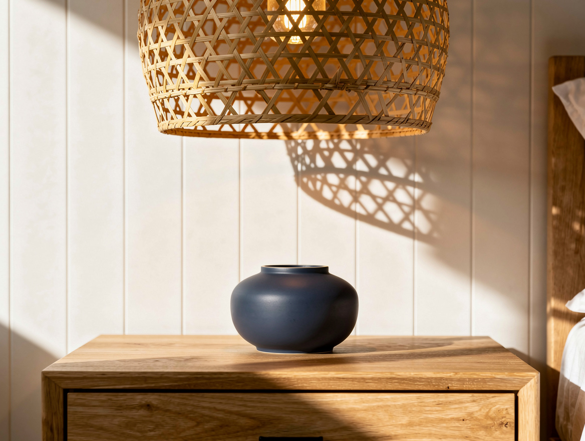 Realistic close-up photo of a handwoven bamboo pendant casting a delicate lattic
