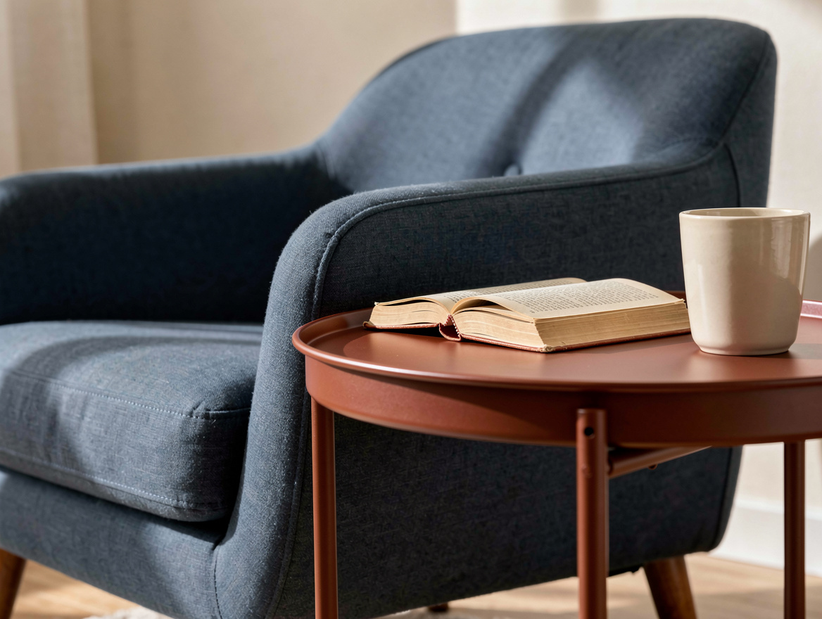 Realistic close detail of an IKEA-style compact reading chair beside a small rou