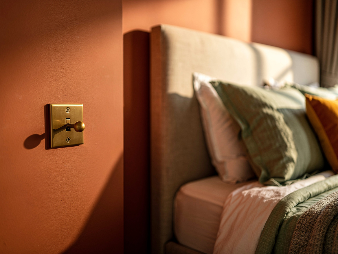 Realistic close-up editorial photo of a bronze toggle switch on a warm painted b