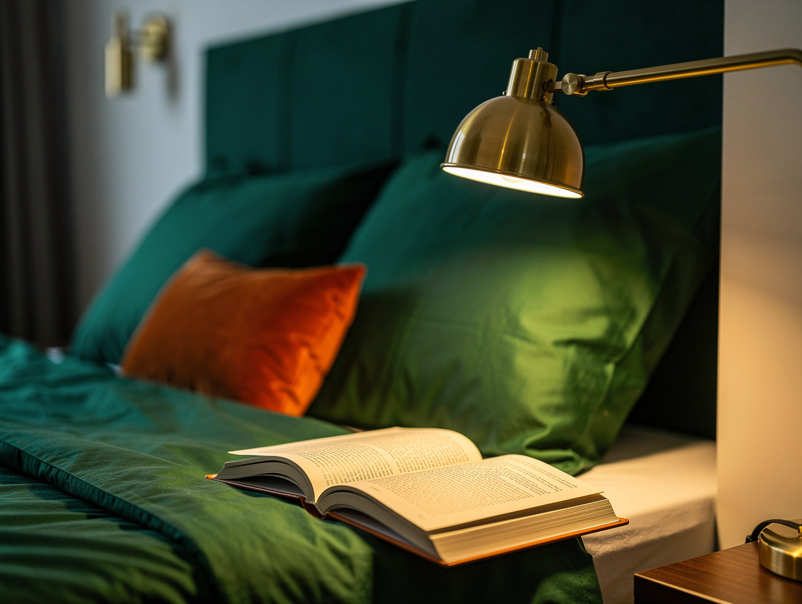 Realistic close-up detail of an adjustable bedside reading sconce casting a focu
