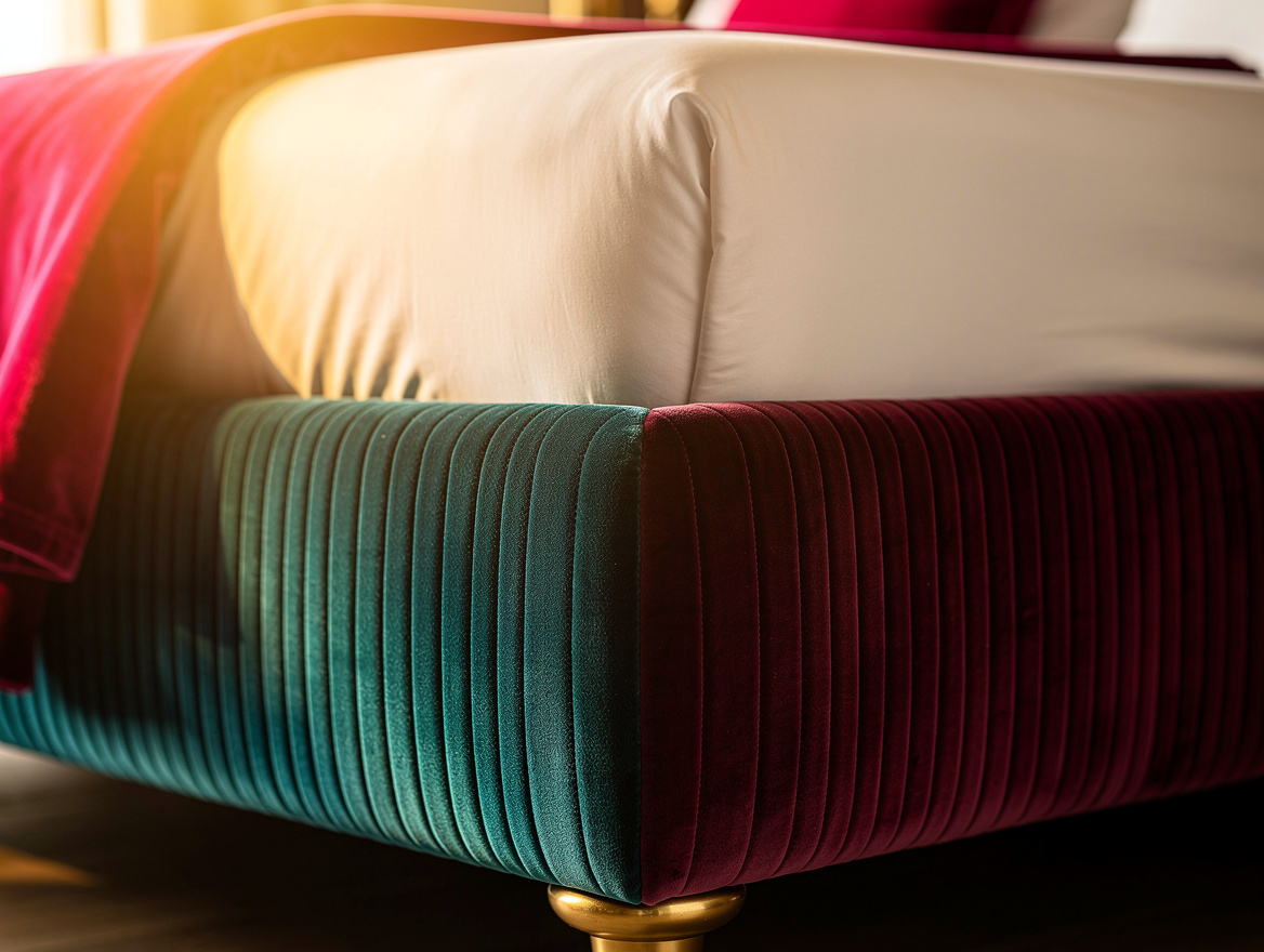 Close detail of a low upholstered footboard with subtle vertical channel stitchi