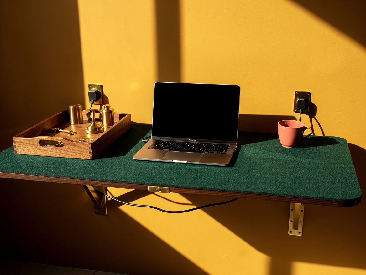 Realistic editorial detail photo of a shallow foldaway desk with laptop, wooden