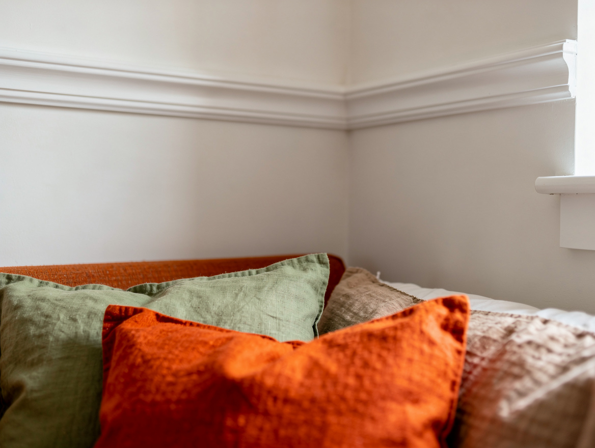 Close-up editorial detail of warm white bedroom paint continuing across wall tri