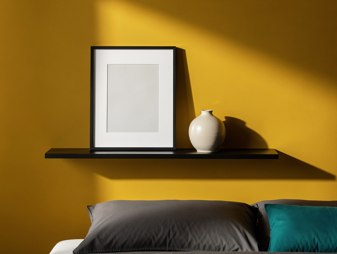 Realistic close-up editorial photo of a slim picture ledge above a small bedroom