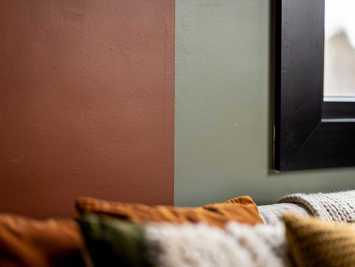 Realistic close-up editorial photo of a crisp painted boundary between two bedro