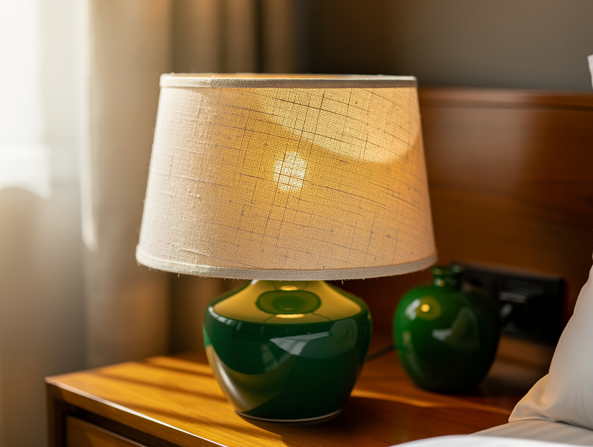 Realistic close-up editorial photo of an oatmeal linen drum lampshade on a ceram
