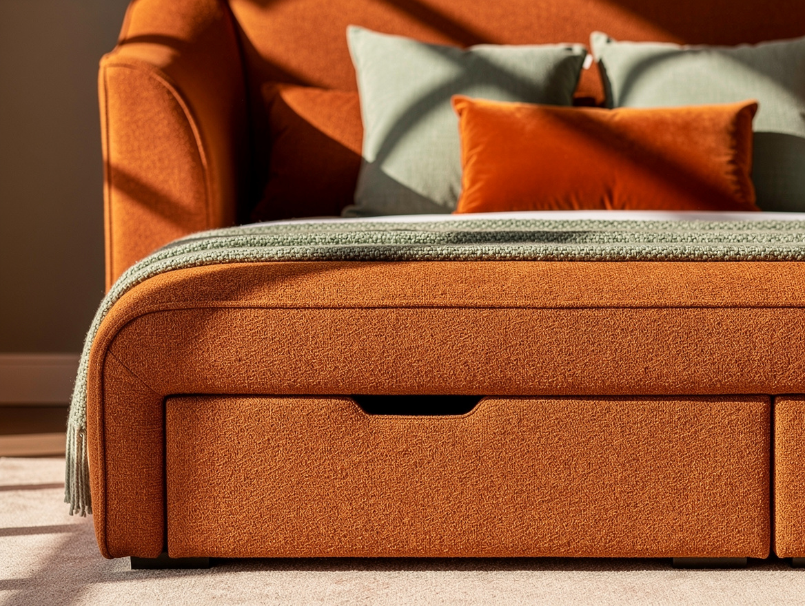Close-up editorial photo of the tailored upholstery continuing from a curved hea