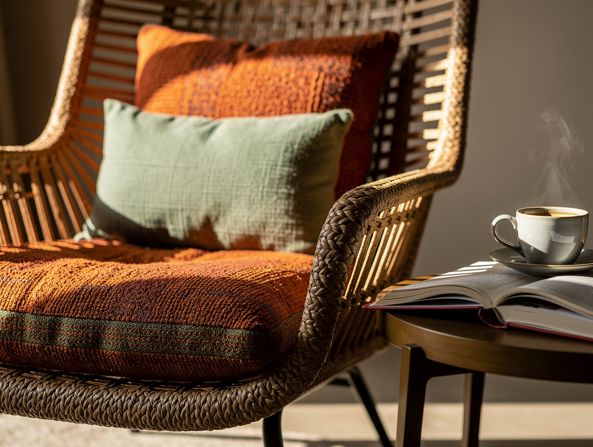 Realistic close-up editorial photo of a woven rattan reading chair with a textur