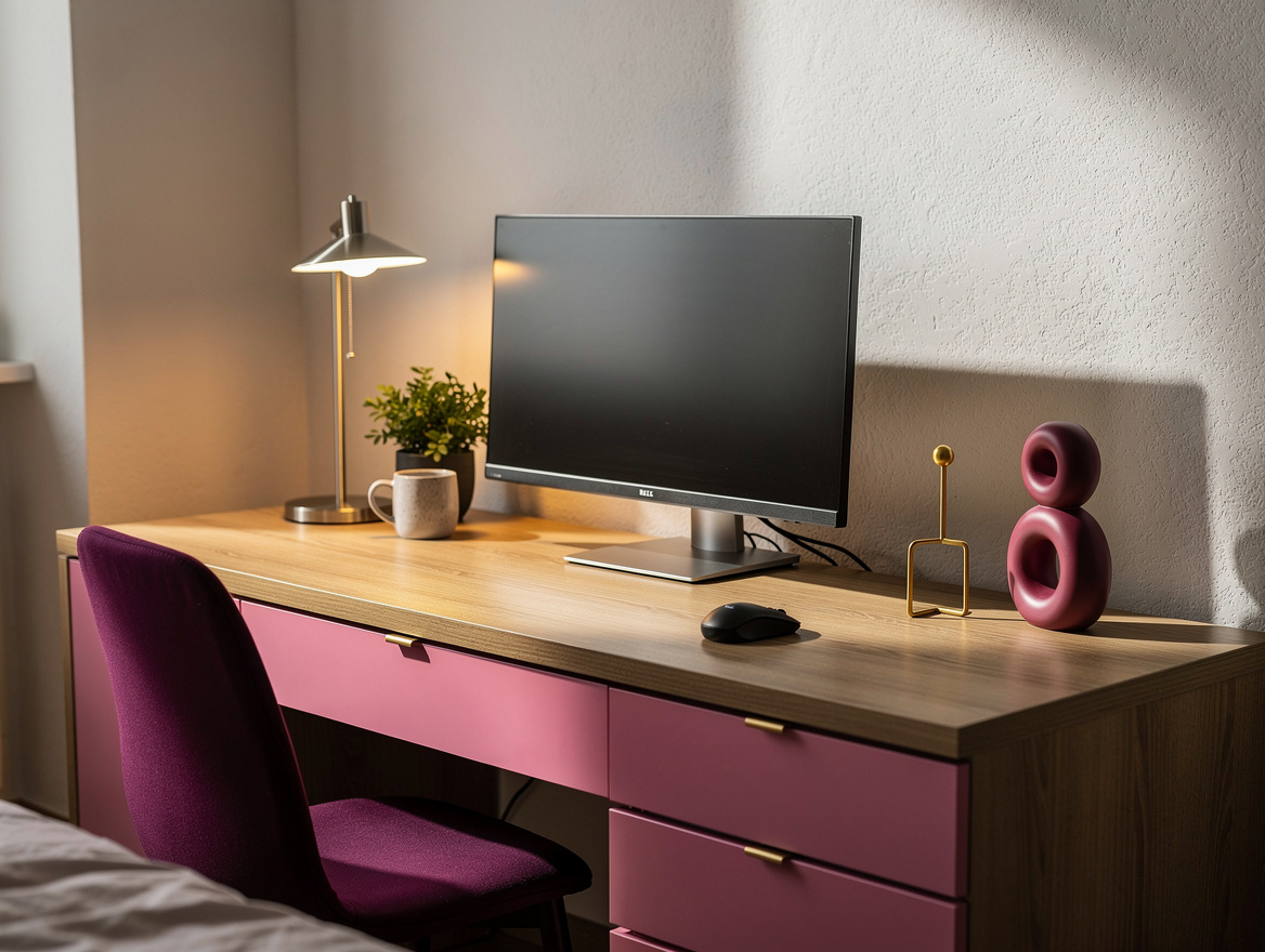 Realistic close-up photo of a compact bedroom work corner with a 120-by-60-centi