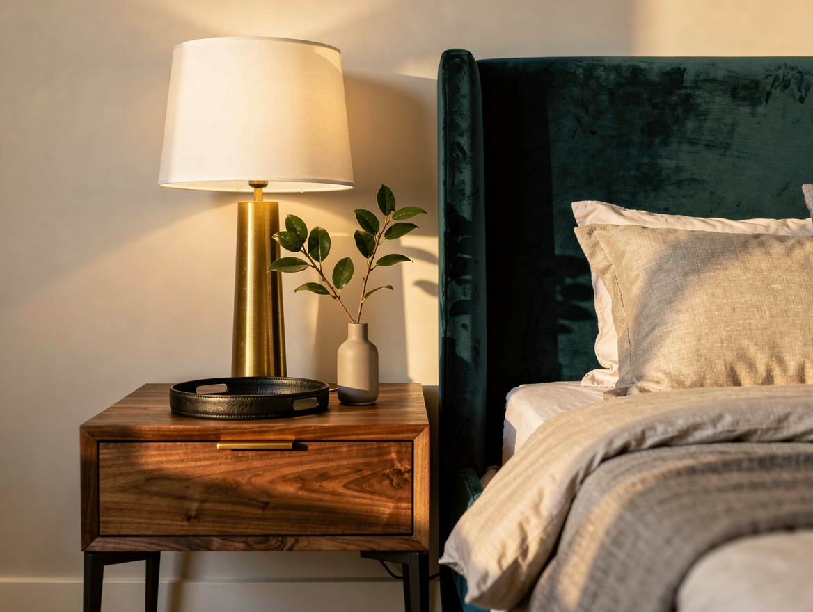 Medium shot of a walnut nightstand beside an upholstered bed, tall table lamp se