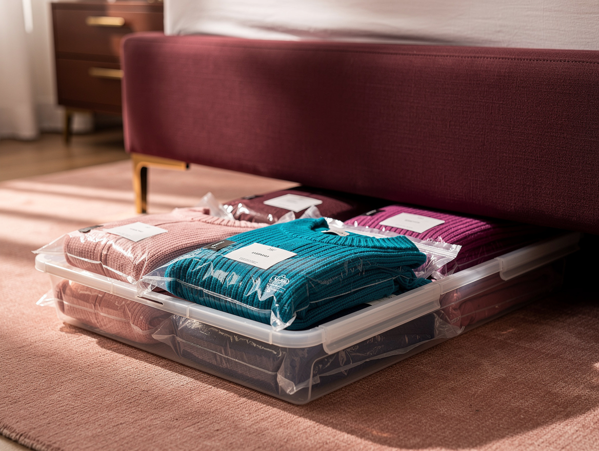 Realistic medium shot of several labeled compressed sweater packets arranged in
