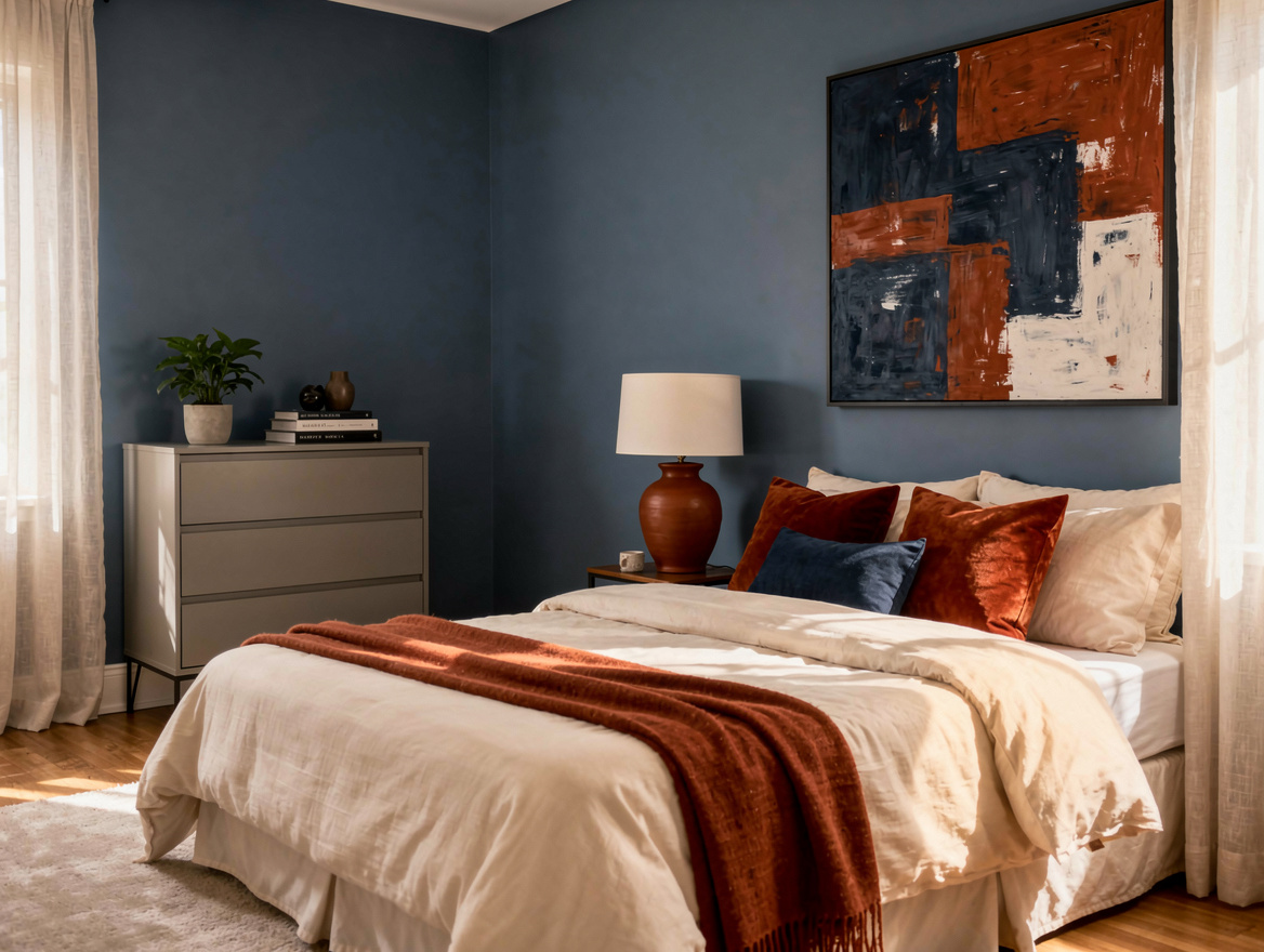 Realistic medium shot of a small bedroom with the bed placed along the longest w