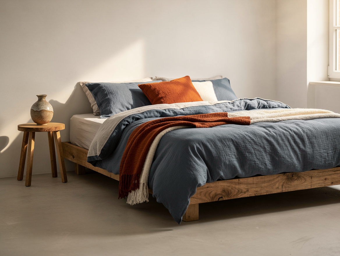 Realistic medium-shot home-decor photo showing a low raw-wood bed, chalky warm-w