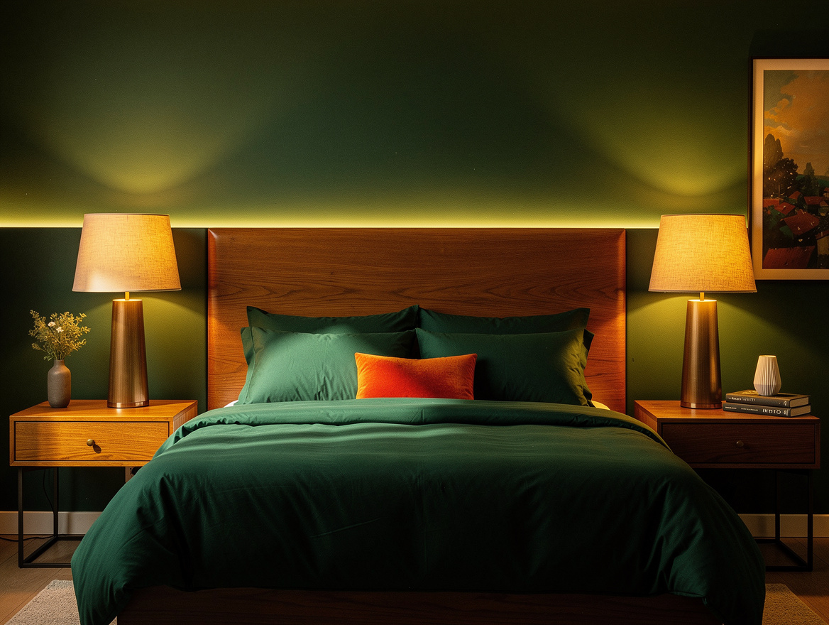 Realistic medium-shot home-decor photo of a bedroom with matching shaded bedside