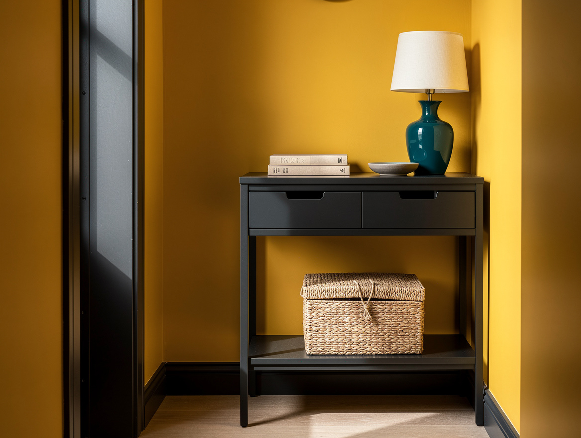 Realistic medium-shot home-decor photo of a narrow bedroom landing with a 14-inc