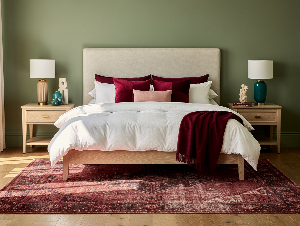 Realistic medium bedroom photo with sage walls, a faded red vintage rug, pale oa