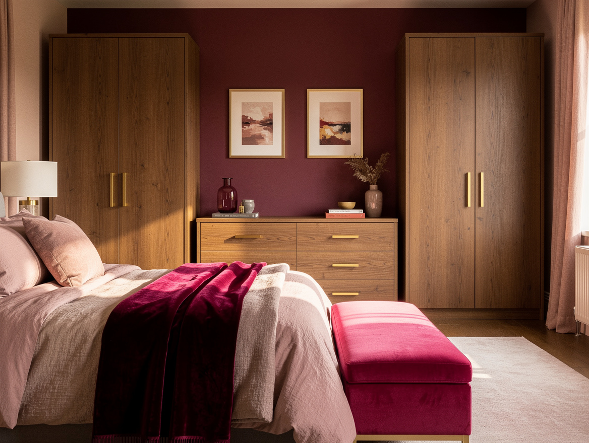 Realistic medium-wide bedroom photo showing a central low dresser between two ta