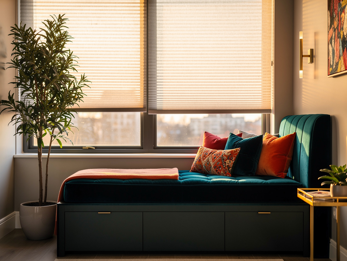 Realistic medium shot of a compact bedroom-adjacent sunroom with a built-in upho