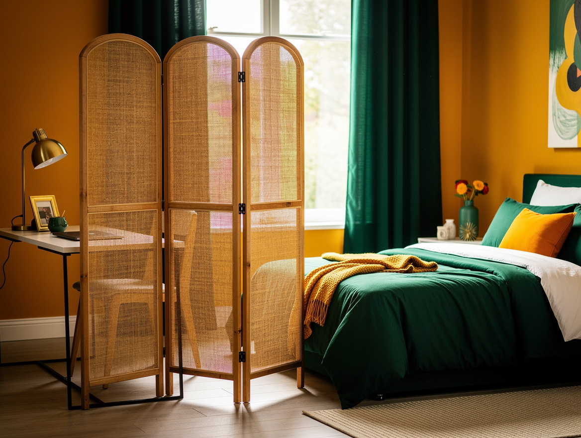 Realistic medium-shot home-decor photo of a compact bedroom where a rattan foldi