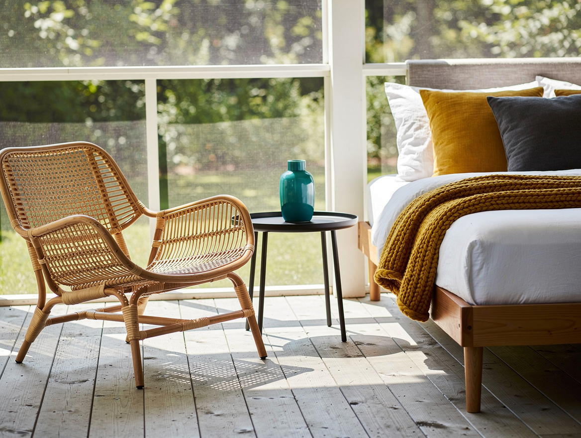 Realistic editorial medium shot of an IKEA BUSKBO-style woven rattan chair besid