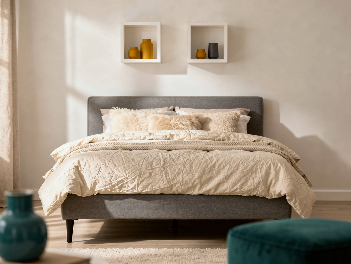 Realistic editorial medium-shot photo of a guest bedroom with an IKEA-style slim