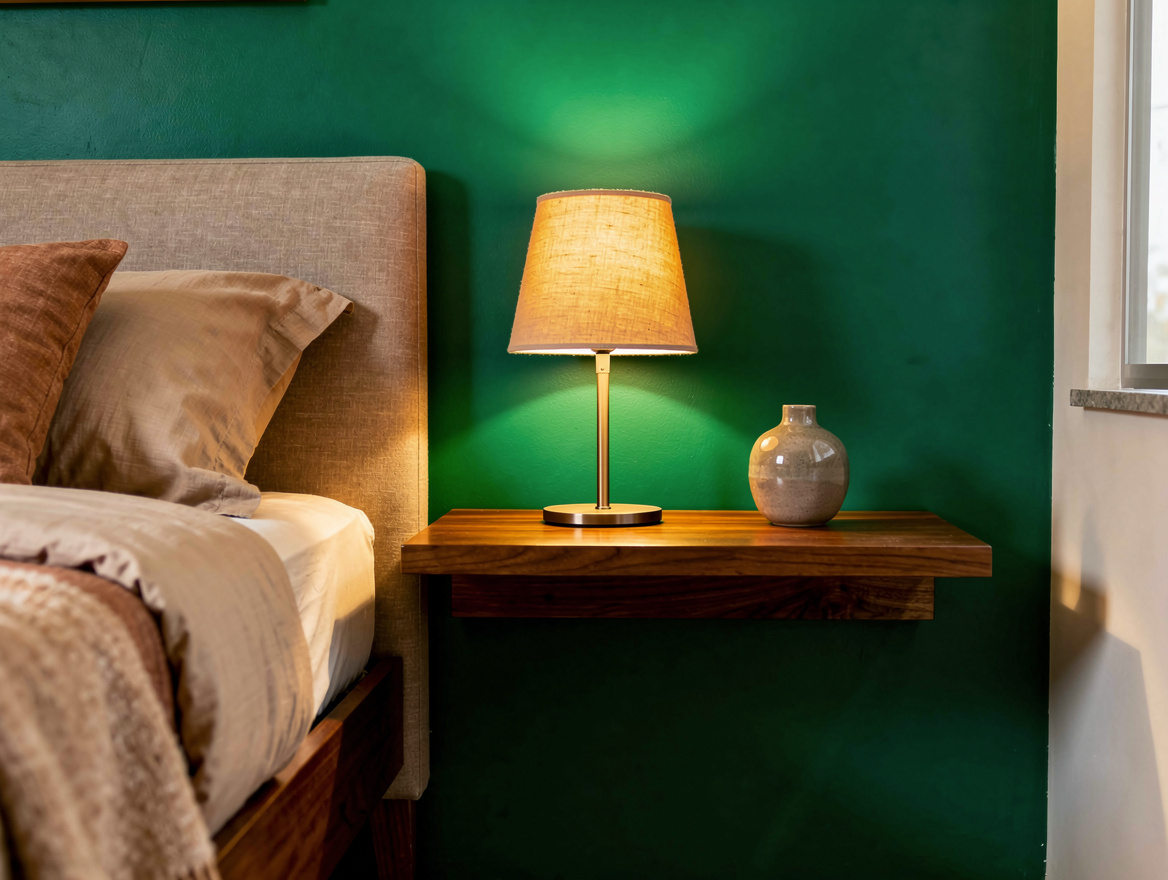 Realistic medium-shot home-decor photo showing a floating shelf used as a compac