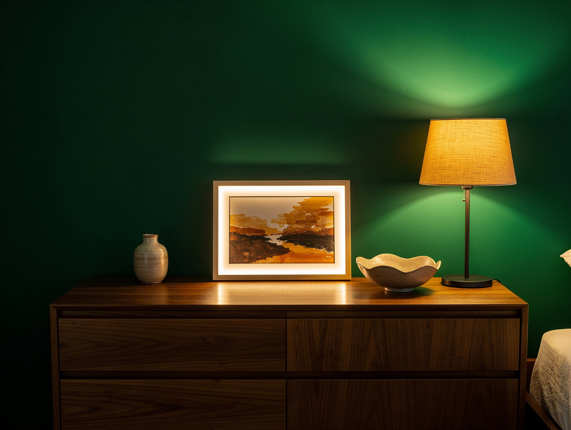 Realistic medium-shot home-decor photo of a bedroom dresser with one illuminated