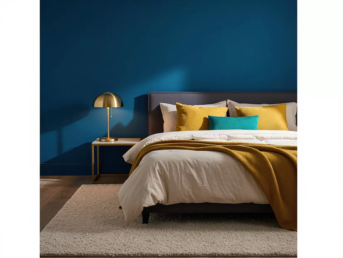 Realistic medium-shot home-decor photo of a compact bedroom with a saturated blu