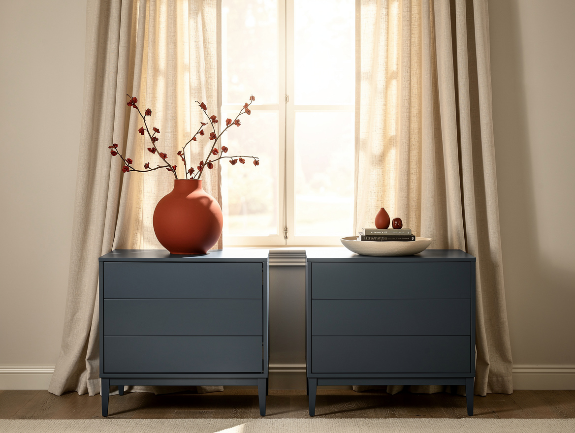 Realistic medium-shot home-decor photo showing two compact matching dressers fra