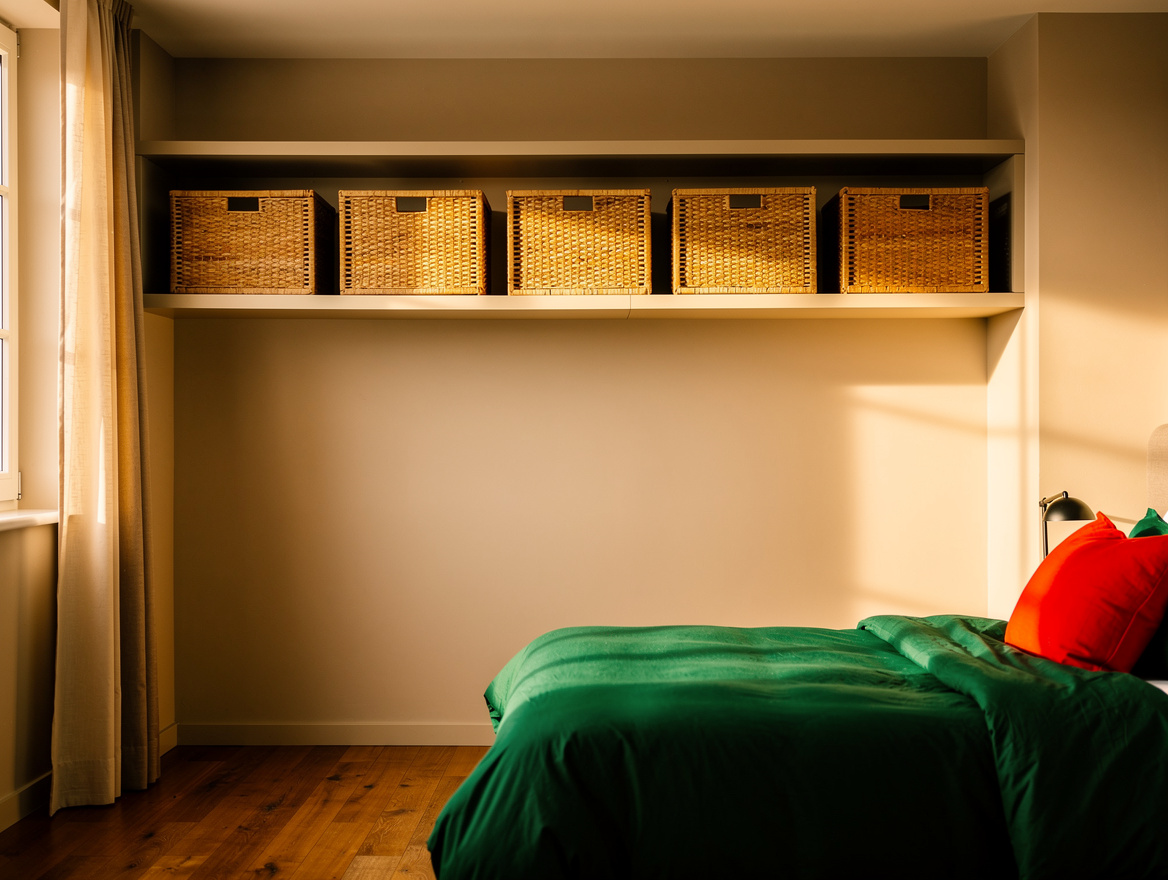 Realistic editorial medium shot of a compact bedroom with a long high shelf hold
