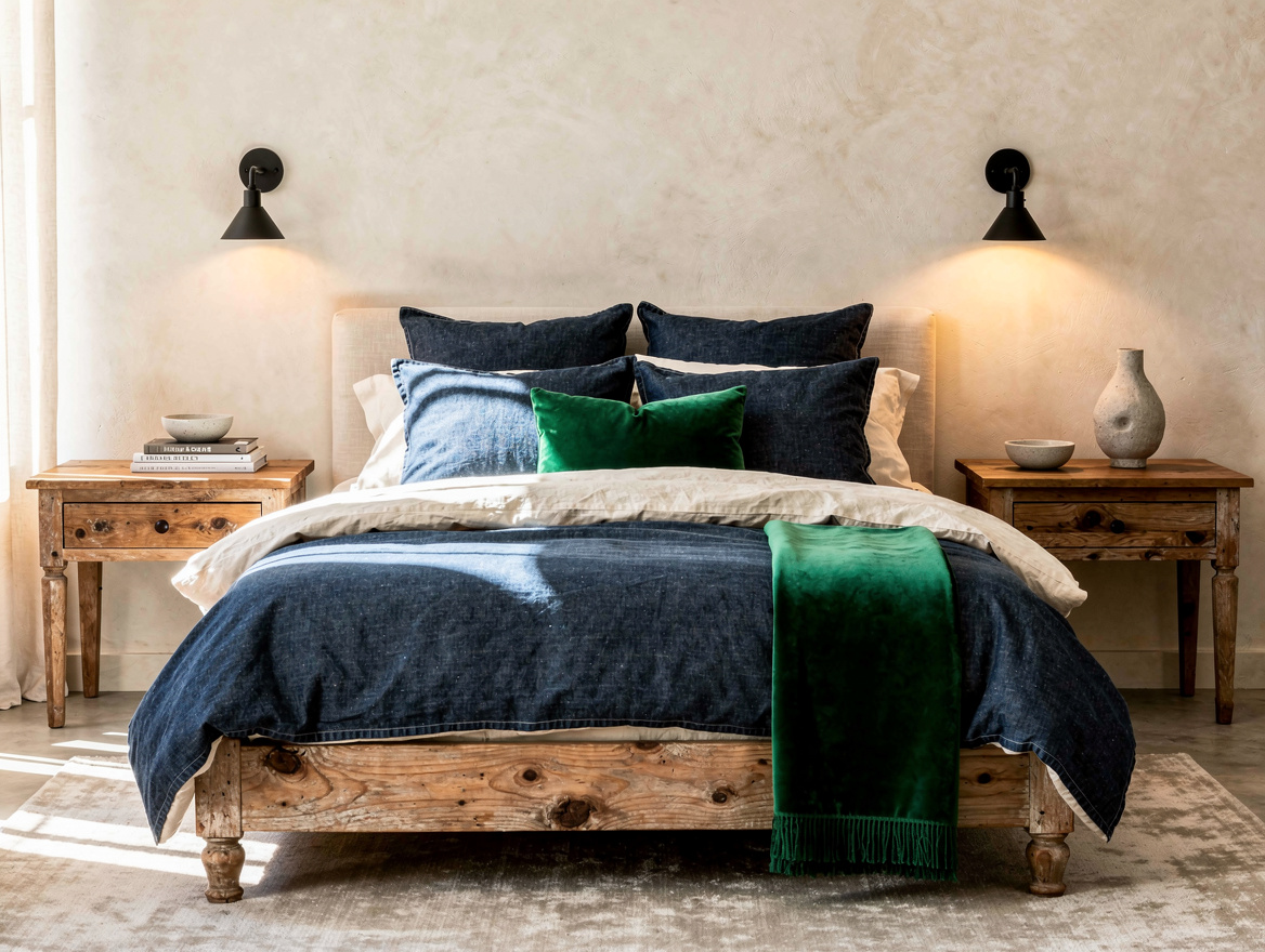Realistic medium-shot home-decor photo of a western bedroom featuring washed ind