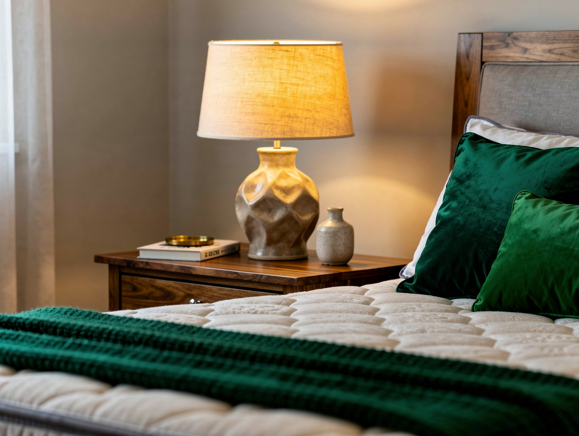 Realistic medium-shot bedroom photo showing a nightstand, mattress height, and p