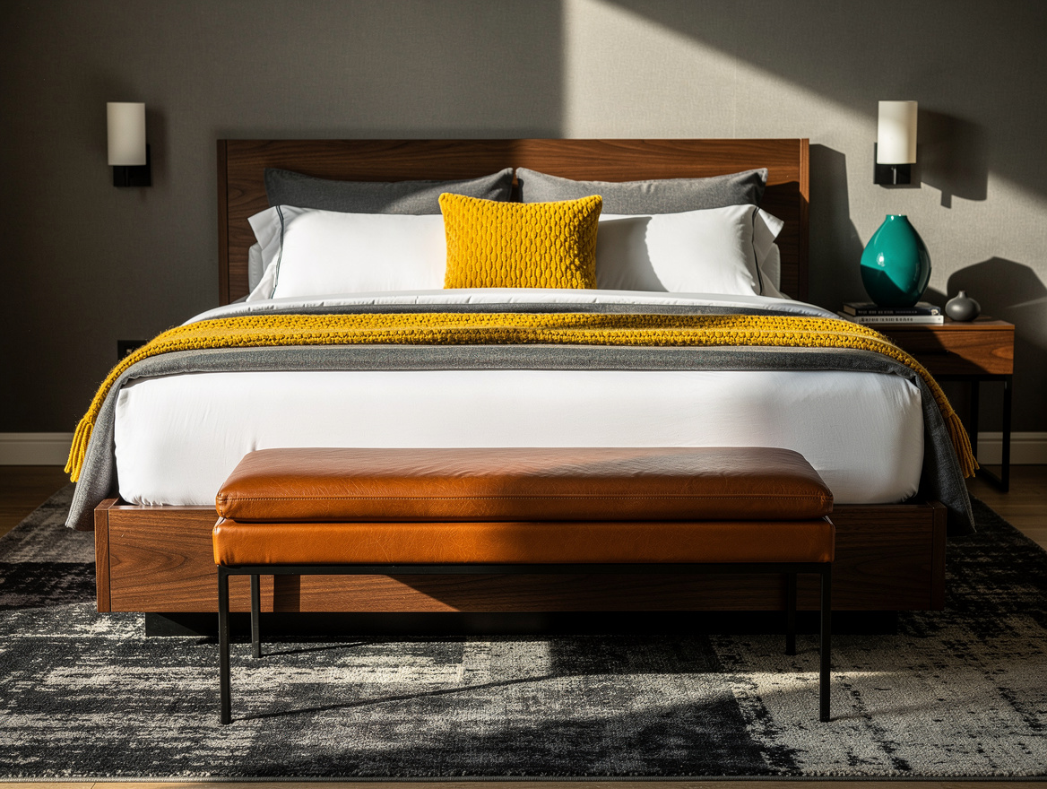 Realistic medium shot of a walnut platform bed paired with a cognac leather benc