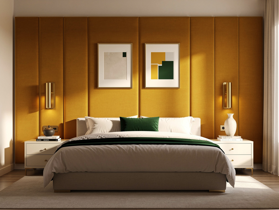 Realistic medium-shot editorial bedroom with a wide upholstered panel wall behin