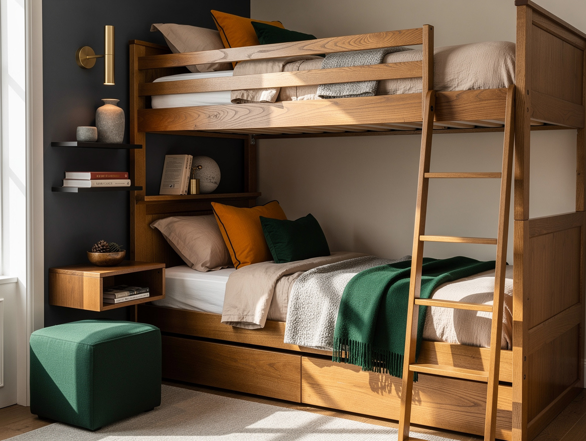 Realistic editorial medium-shot photo of a compact bedroom with solid-wood bunk