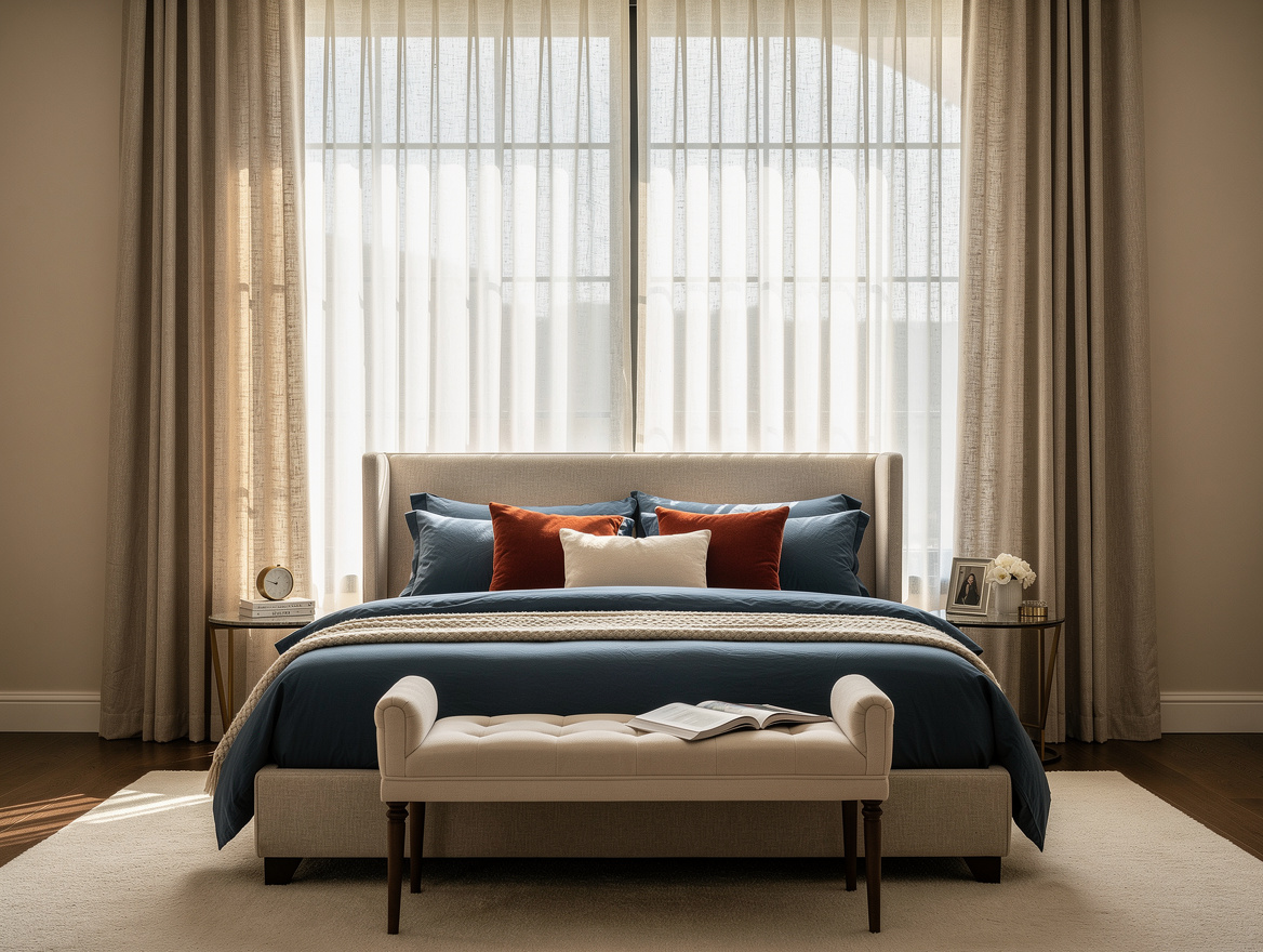 Realistic medium shot of layered bedroom window treatments with an off-white lin