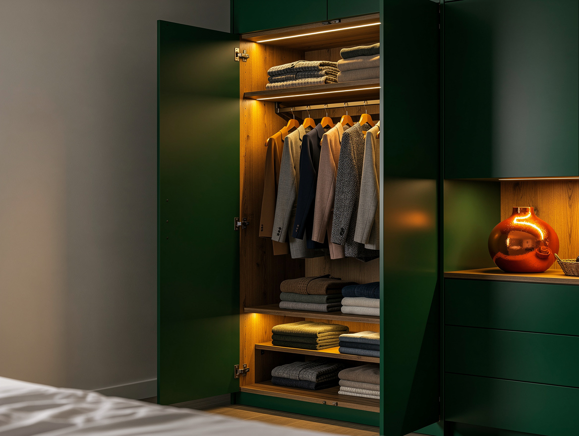 Realistic medium shot of an open bedroom wardrobe with sensor-controlled interio