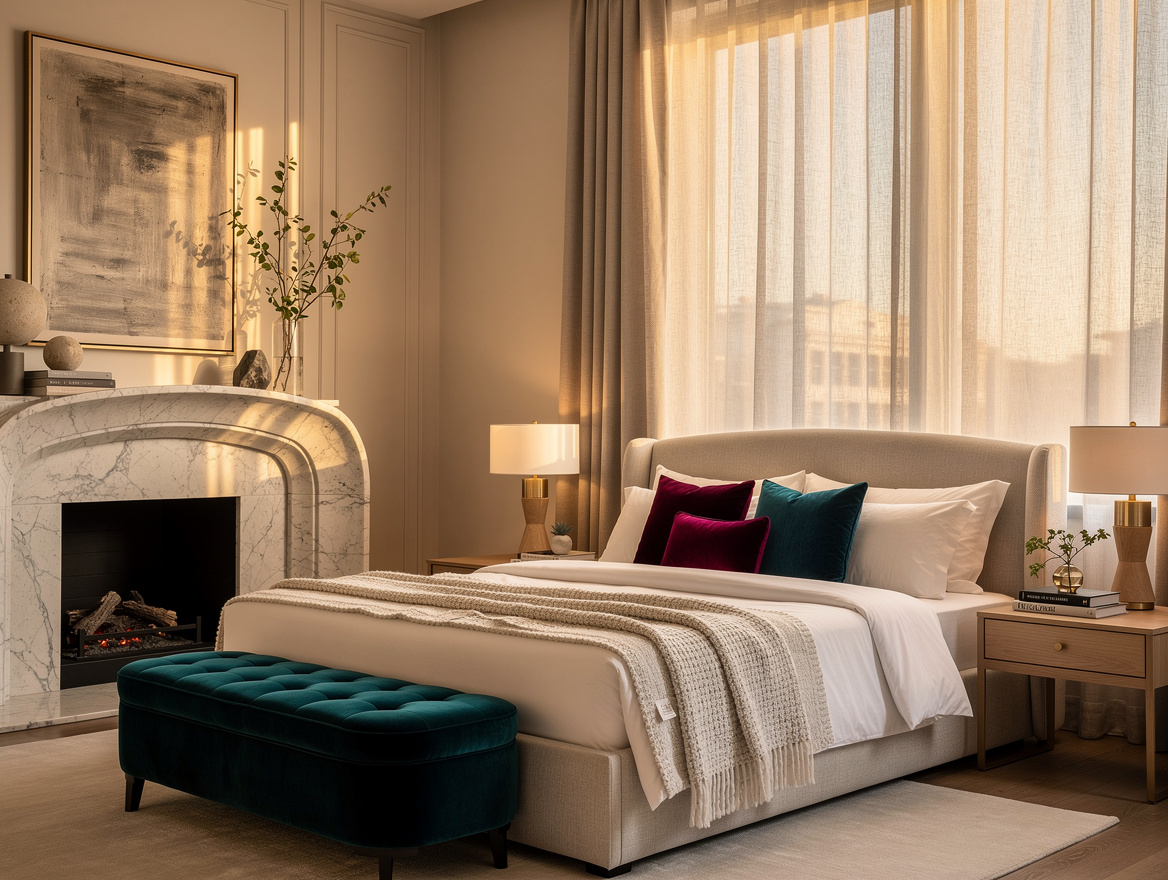 Medium shot of a luxury bedroom with a curved marble fireplace surround opposite