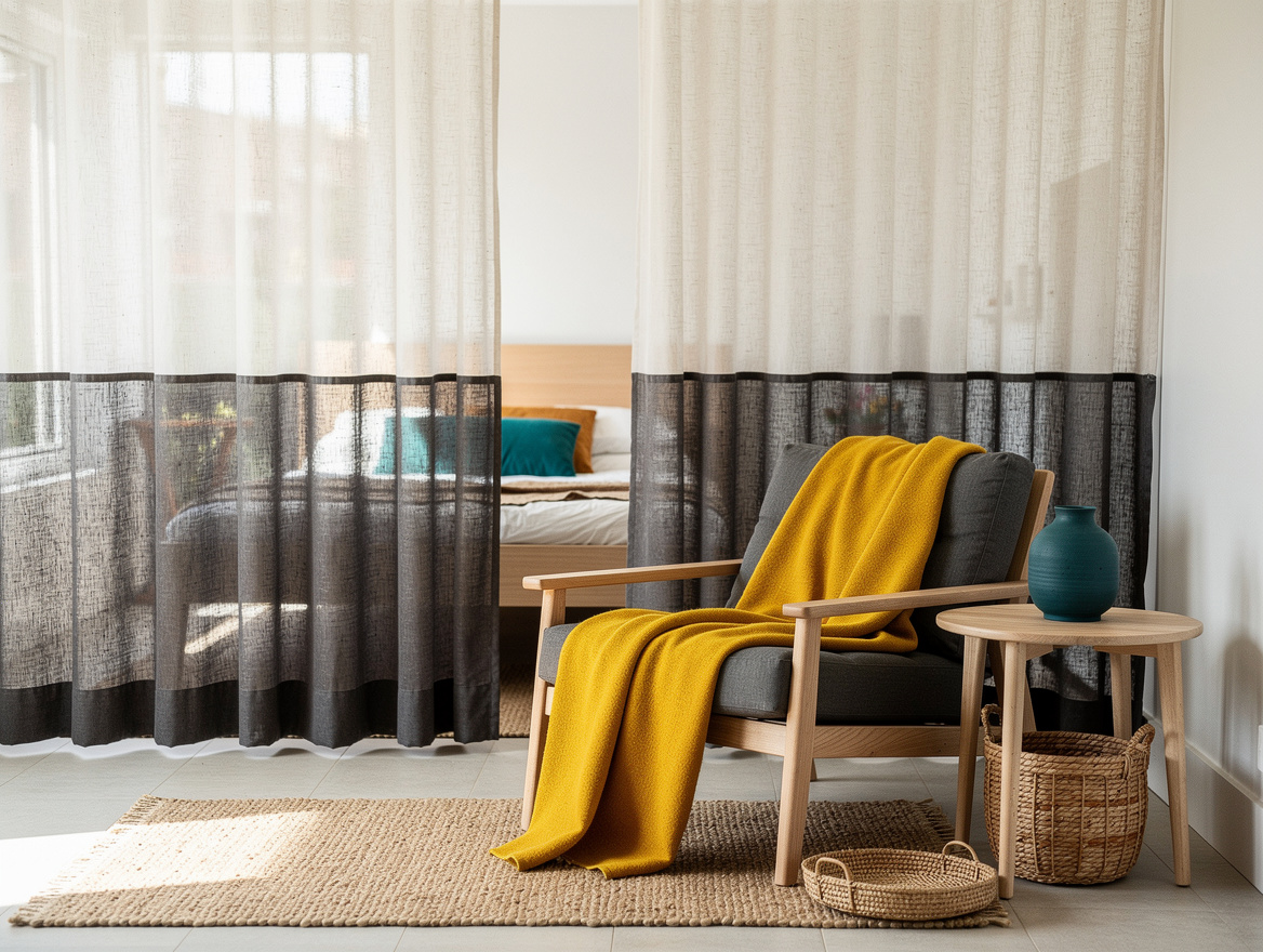 Realistic editorial medium shot of a bright sunroom beside a bedroom, split curt