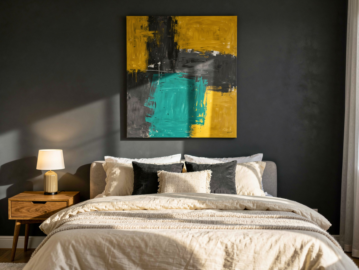 Realistic medium-shot home-decor photo of a bedroom with a colorful painting, a