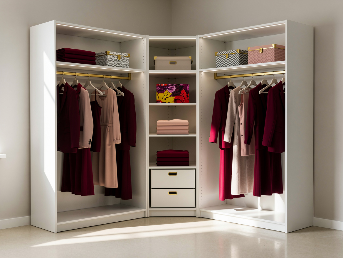 Realistic medium shot of an IKEA PAX corner closet with double hanging rails, wh