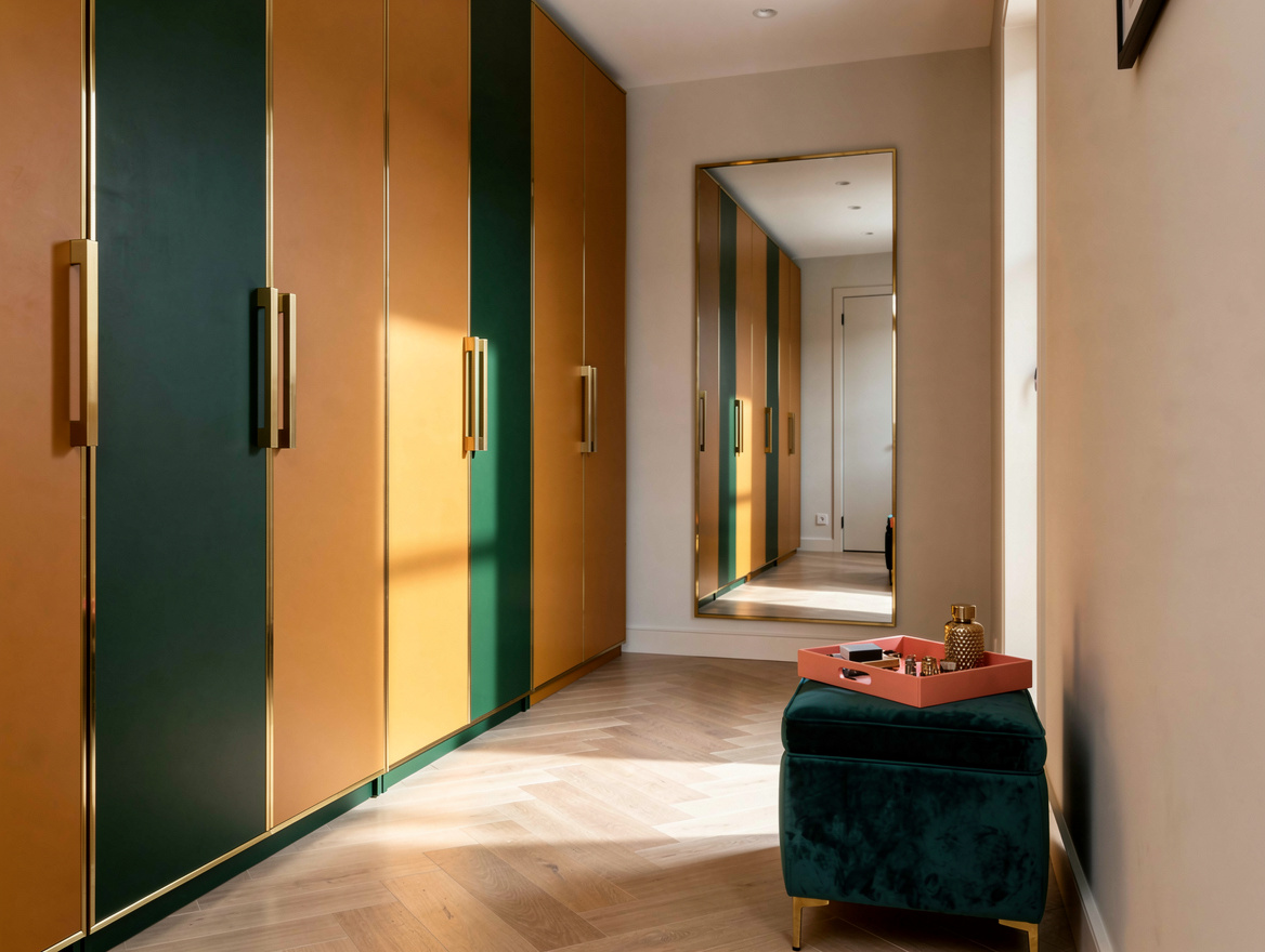 Realistic medium-shot home-decor photo of a narrow dressing corridor with freest