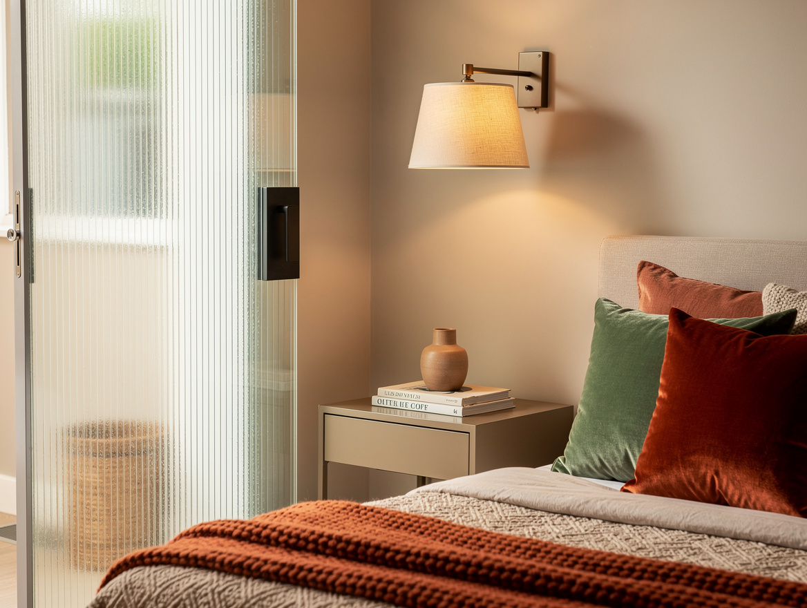 Realistic medium-shot home-decor photo of a compact bedroom with a reeded-glass
