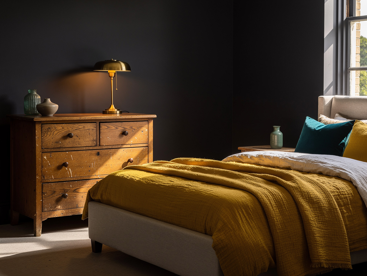 Realistic medium shot of an artisanal bedroom with collected furniture, linen be