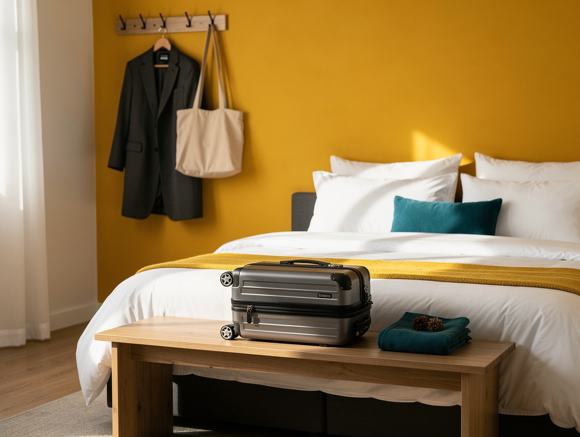 Realistic medium-shot editorial photo of a small guest bedroom showing a suitcas