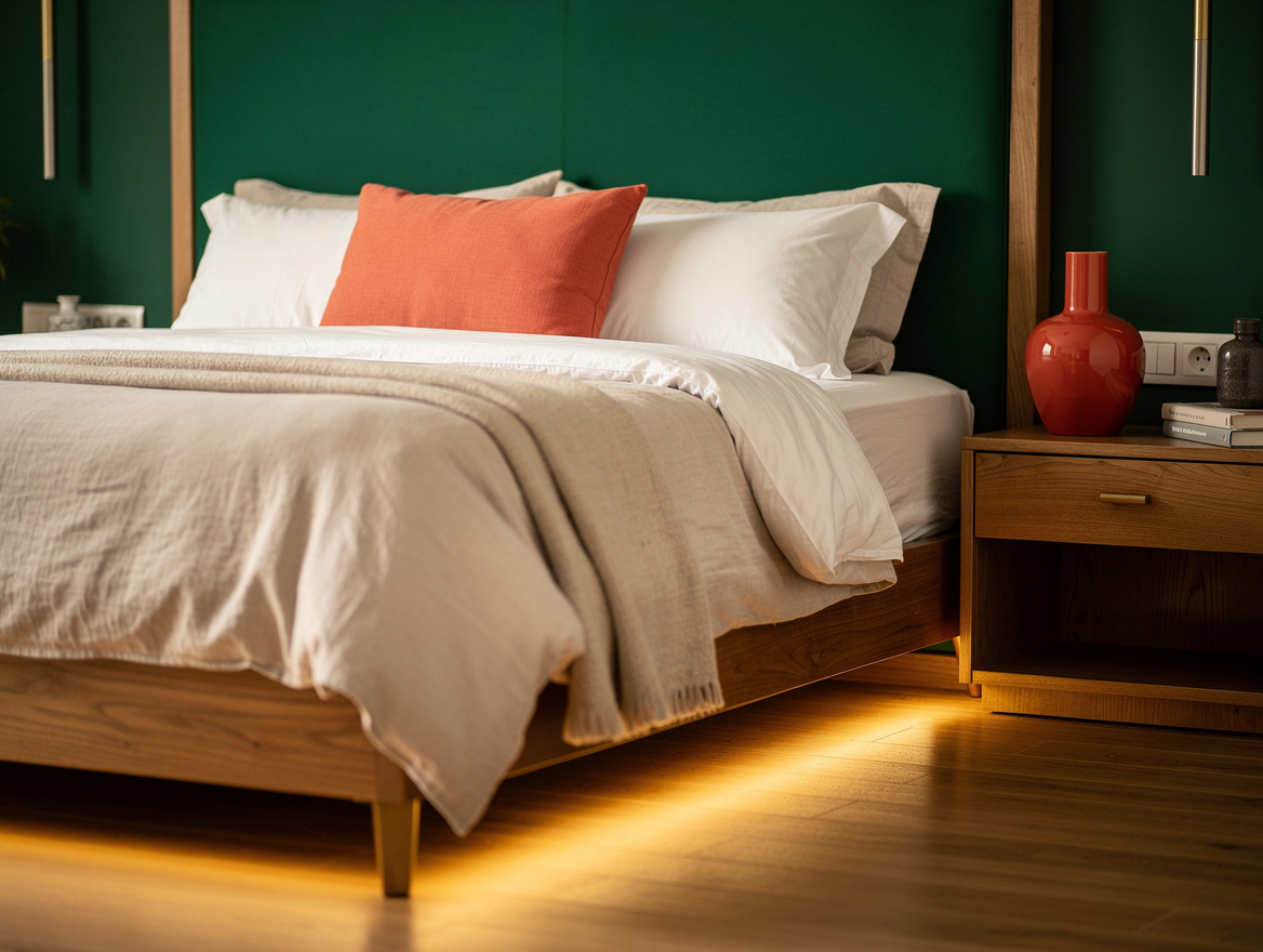 Realistic medium shot of a calm bedroom with a subtle warm light guiding the pat