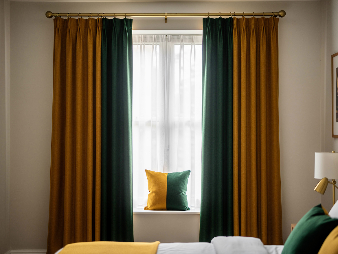 Medium shot of a bedroom window with two broad curtain panels mounted high and w